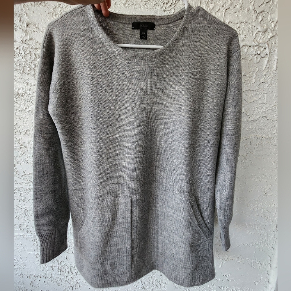 J. Crew Merino Wool Heather Gray Knit Pullover Pocketed Sweater EUC